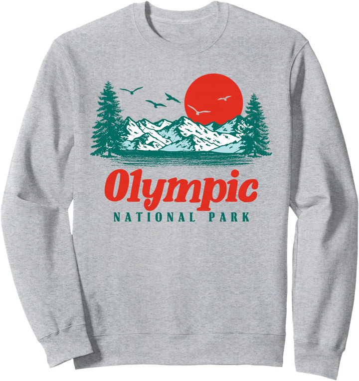 Retro Olympic National Park Mountain Trees & Sun Graphic Sweatshirt
