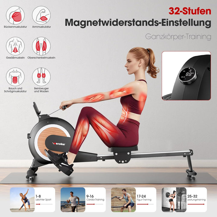 Wenoker Rudergerät für Zuhause, Magnetisches Rudergerät mit APP & LCD-Display, 32 Widerstandsstufen,