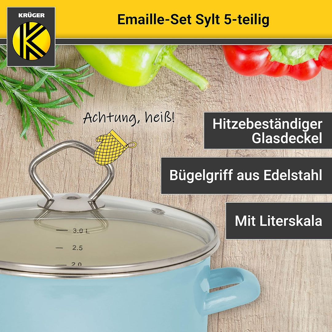 Krüger Emaille-Set Sylt 5 teilig - Emaille-Topfset aus Fleischtopf, Stieltopf und Milchtopf - Töpfe
