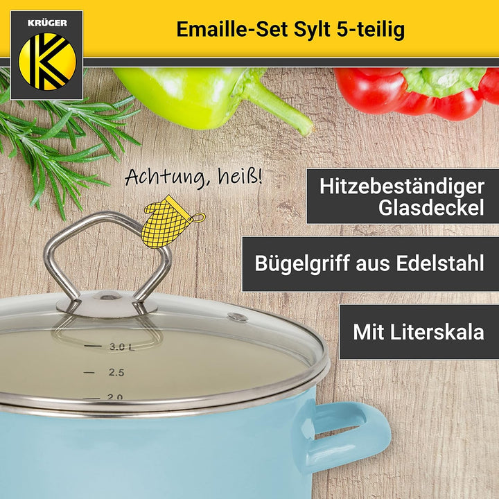 Krüger Emaille-Set Sylt 5 teilig - Emaille-Topfset aus Fleischtopf, Stieltopf und Milchtopf - Töpfe