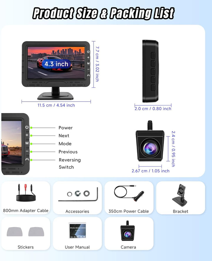 VECHTEL Rückfahrkamera Kable mit 4.3-Zoll-HD-Bildschirm, IP68 Nachtsicht Drehbar Rückfahrkamera mit