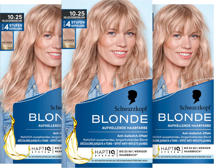Schwarzkopf Blonde Aufhellende Farbe 10.25 Helles Erdbeerblond (3 x 142 ml), Haarfärbemittel für Öl-