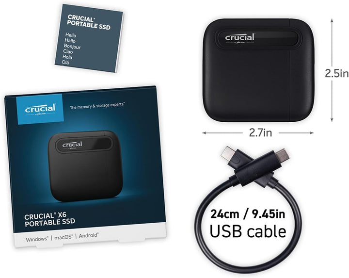 Crucial X6 1TB Externe SSD Festplatte, bis zu 800MB/s, PC und Mac, USB-C 3.2 Portable Solid State Dr