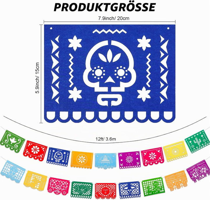 Qpout 4 Stück Mexikanisches Fiesta Party Filzbanner,Tag der Toten, Dia de Los Muertos, Papel Picado,