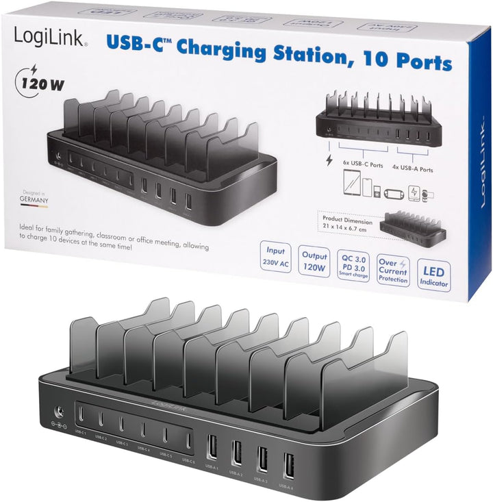 LogiLink PA0327 - USB-C Ladestation mit 4X USB-A &amp; 6X USB-C, PD 3.0 (PowerDelivery) &amp; QC 3.0 (QuickC