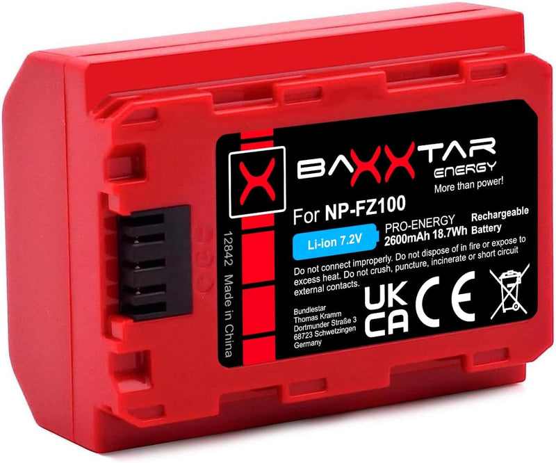 Baxxtar Pro NP-FZ100 2400mAh Akku (Generation IV) kompatibel mit Sony FX30 Alpha 6700 A1 7 IV 7C II