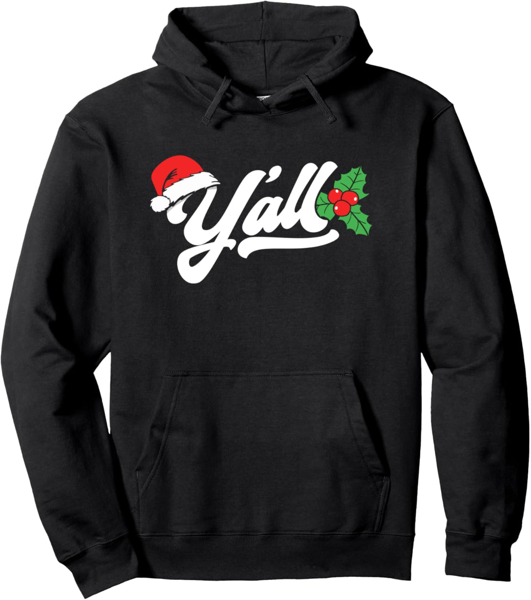Merry Christmas, Y'all Santa Hat & Holly Country Southern Pullover Hoodie