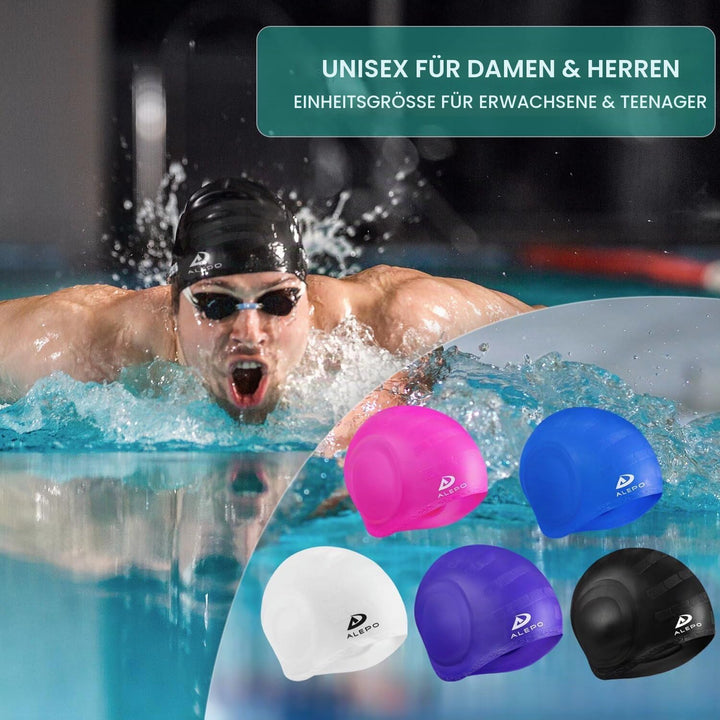 Alepo Badekappe mit 3D-Ohrenschutz, langlebig, flexibel, Silikon, für Damen, Herren, Kinder, Erwachs