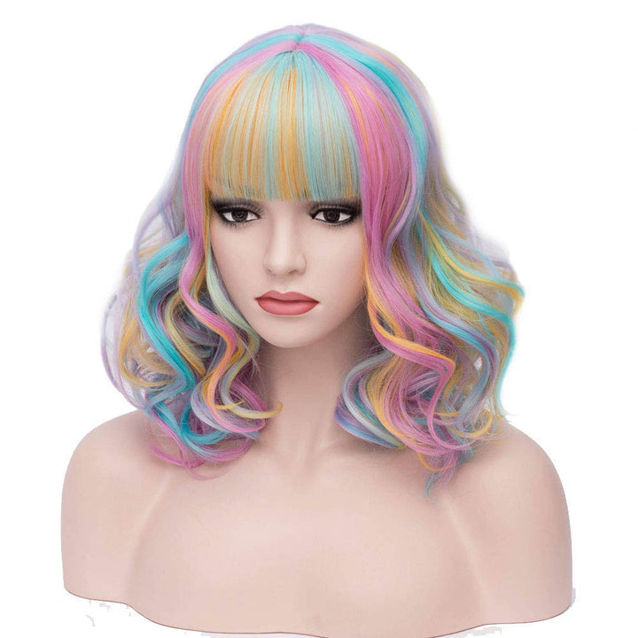 BERON 35,6 cm Regenbogen-Perücke, kurze gewellte Perücke, Regenbogen-Perücken mit Pony, Bob-Perücke,
