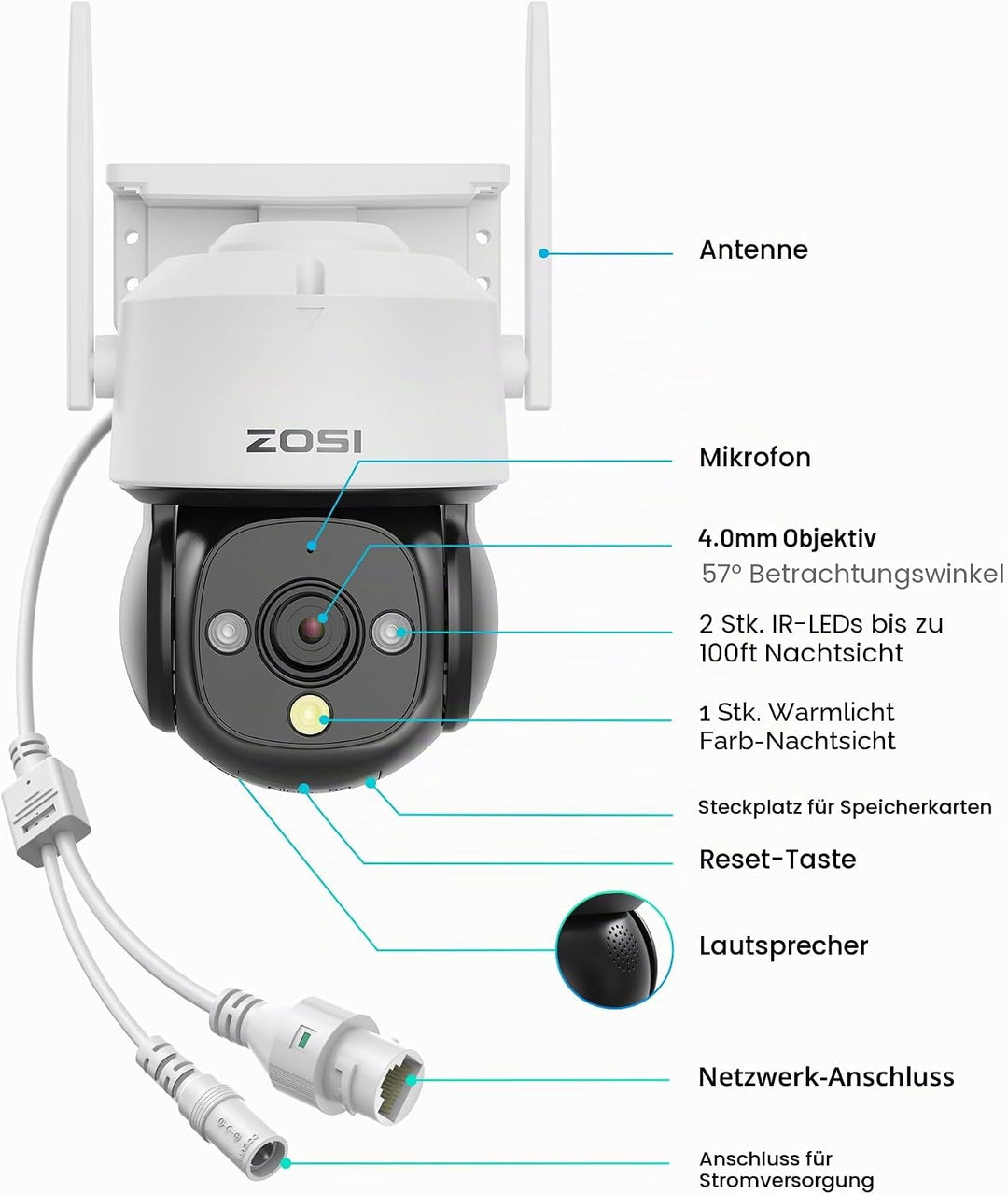 ZOSI 1080p WLAN Überwachungskamera Aussen mit Plug-in Strom, 360° Pan Tilt 2MP WLAN Domekamera, AI P