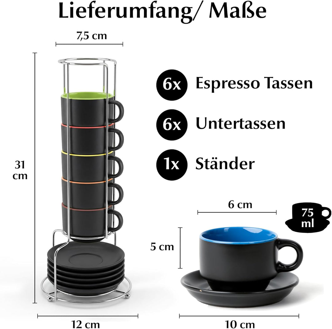 MIAMIO - 6 x 75 ml Espressotassen Set/Espresso Tassen Set mit Untertasse & Ständer - Kaffeetassen Se