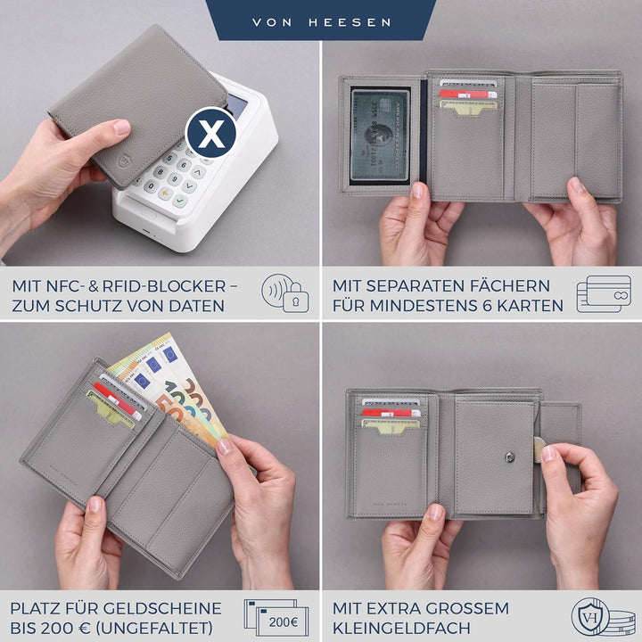 VON HEESEN Leder Geldbörse RFID Schutz I Echtleder Geldbeutel für Damen & Herren I Portemonnaie Brie