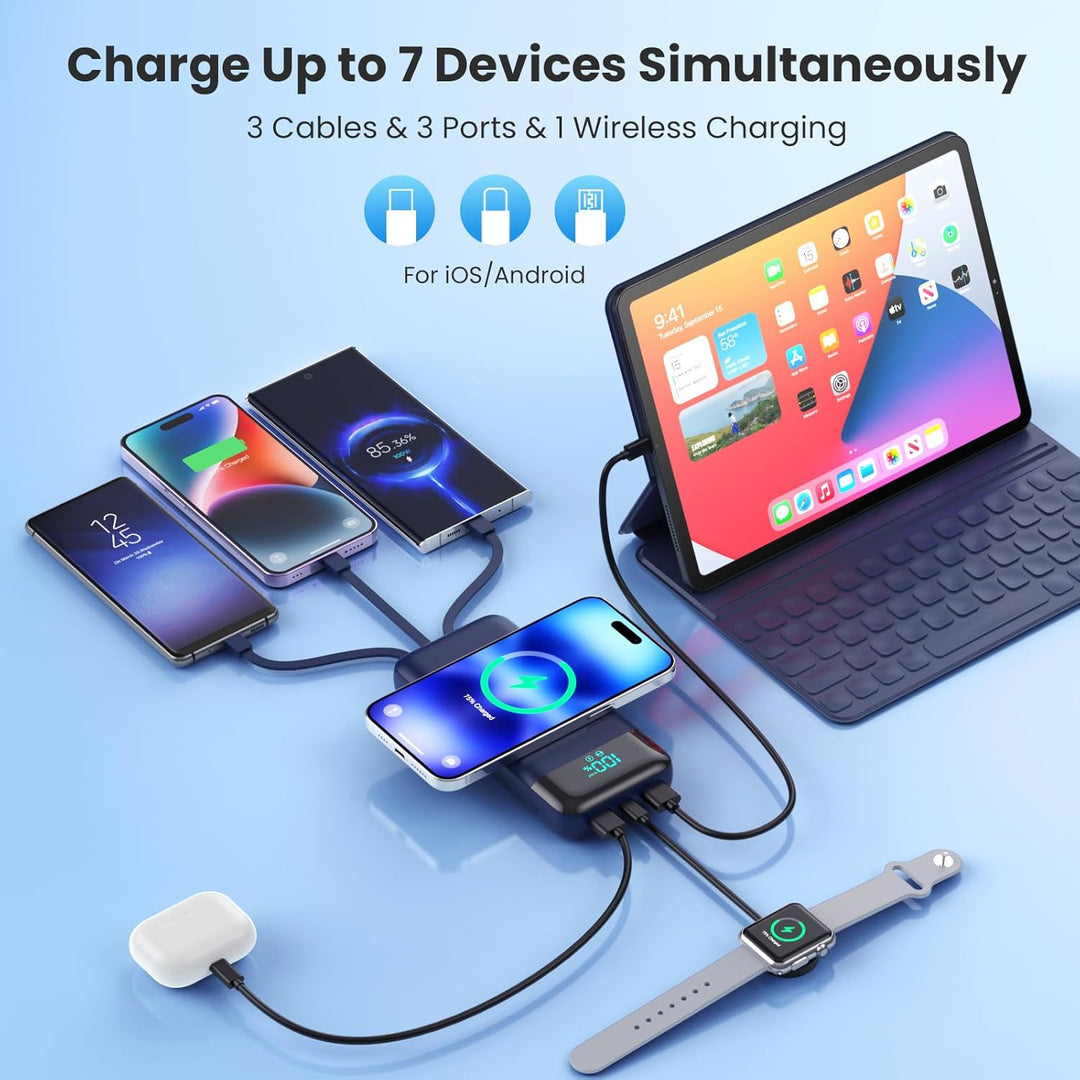 Wireless Power Bank 26800mAh mit 3 Kabel, 7 in 1 25W PD3.0+QC4.0 Schnellladen USB C Powerbank, 6 Aus