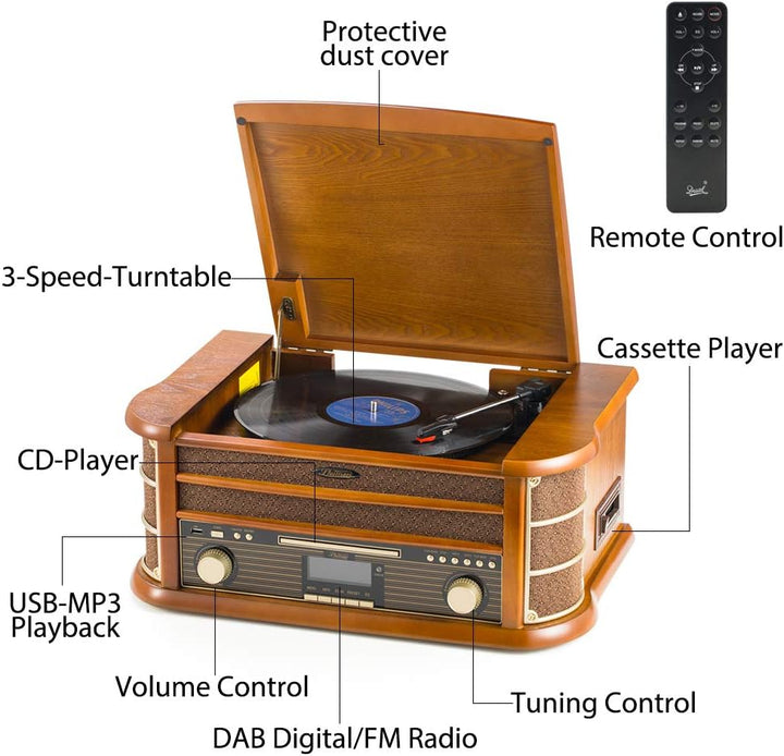 SHUMAN 8 IN 1 Holzmusik System mit Plattenspieler,CD-MP3-Player,Kabellos,USB-Anschluss,DAB, FM-Radio