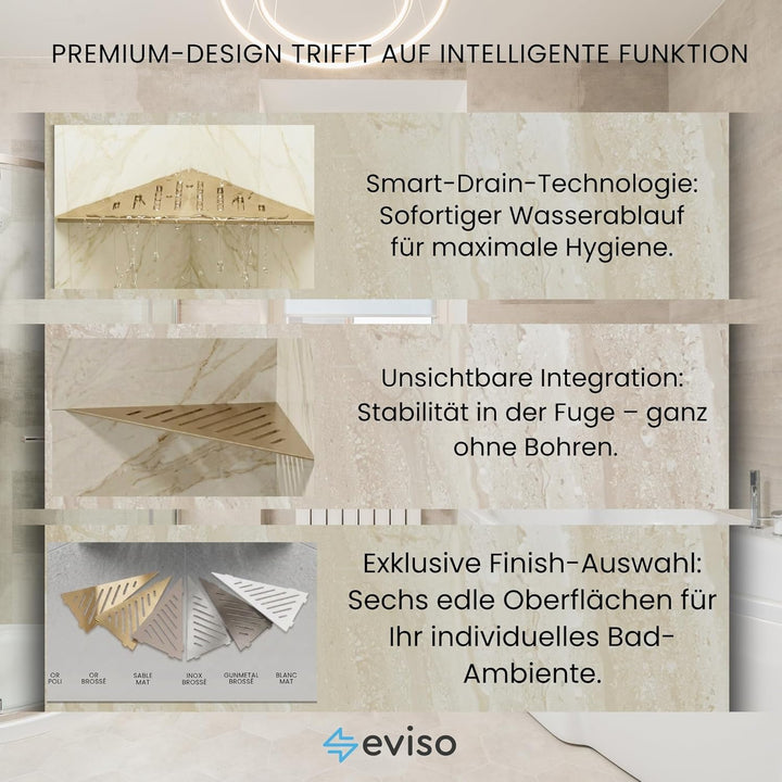 Eviso Slim-Fit Duschablage für die Fuge | Eckregal aus Edelstahl AISI 304 rostfrei | Montage ohne Bo