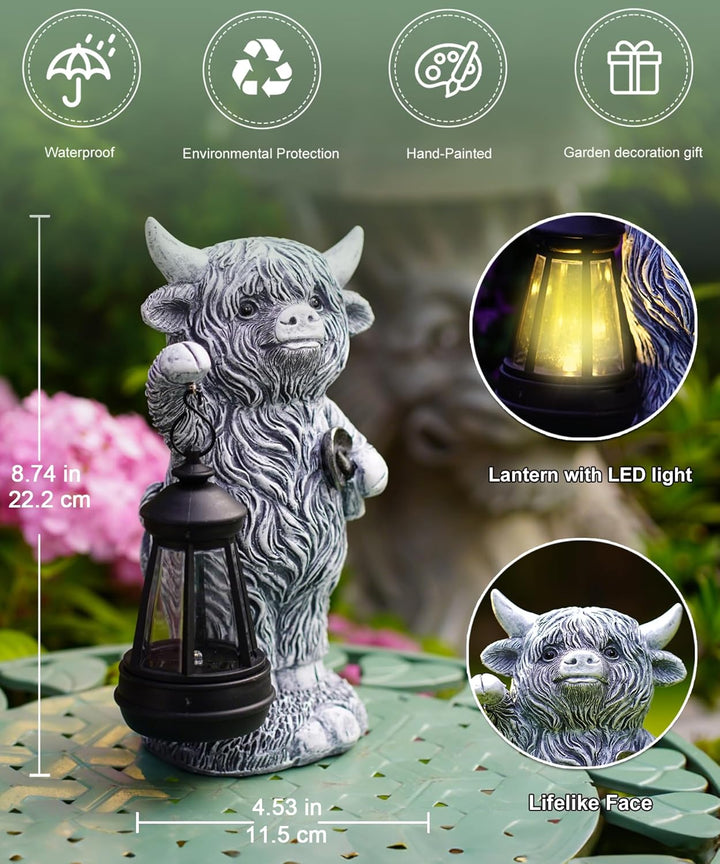 Hochlandrind Figur mit Solarlampen Gartendeko - Lustig Highland Cow Gartenfigur mit Solarlampen Scha