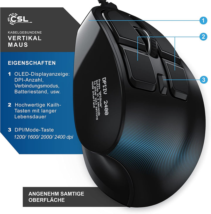 CSL - Gaming vertikale Maus mit OLED Display 2400 DPI - programmierbare Tasten - Office Mouse – mit