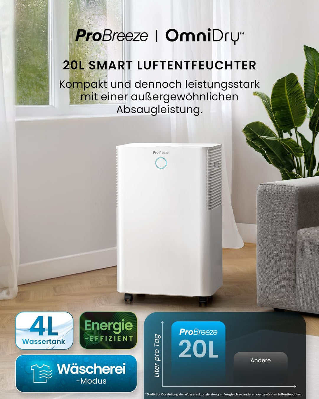 Pro Breeze OmniDry Luftentfeuchter mit App & WLAN, 20L in 24h Entfeuchtungsleistung - Luftentfeuchte