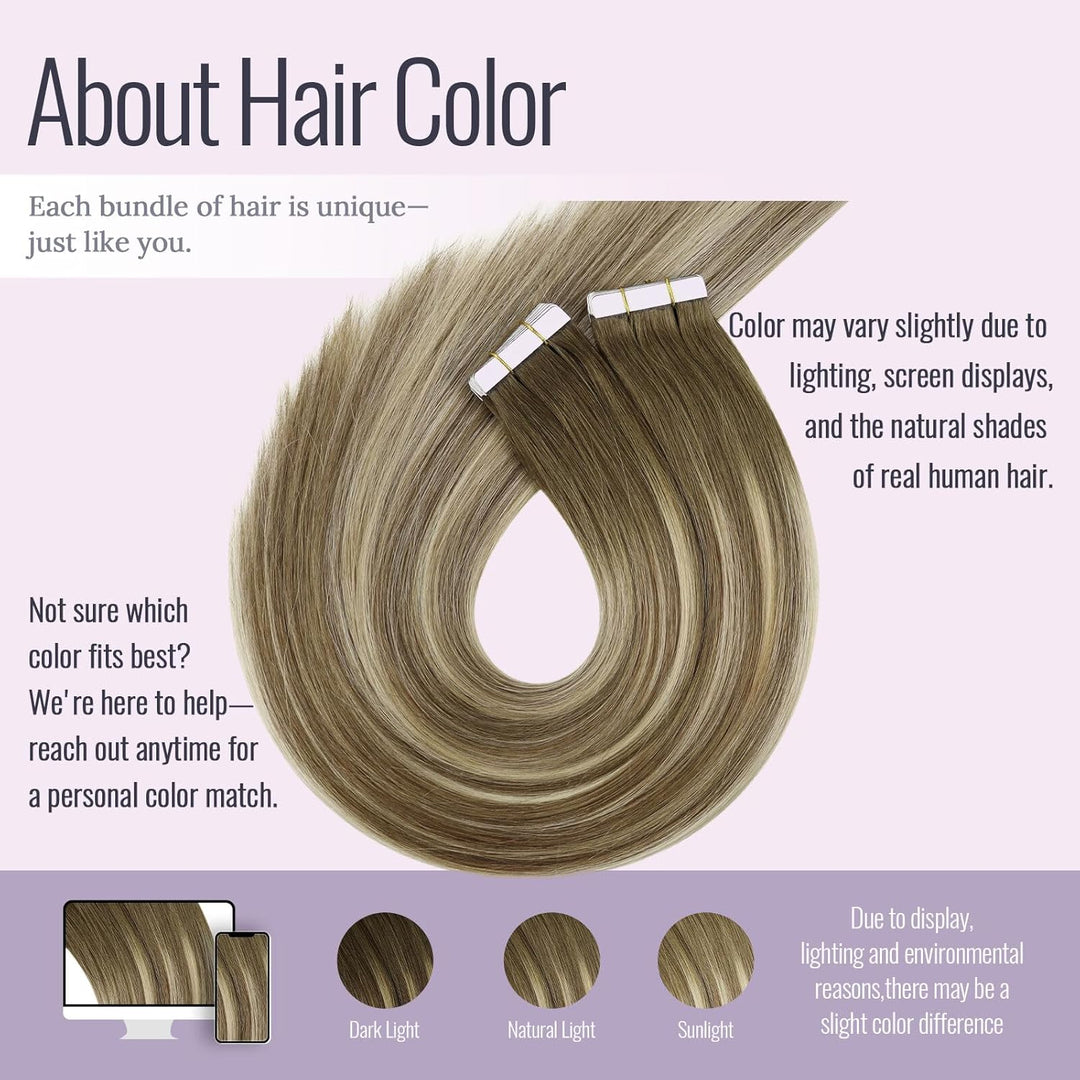 Fshine Tape Extensions Echthaar 35CM 50 Gramm Echt Haar Farbe Mittelbraun Mit Blond Balayage Mittelb