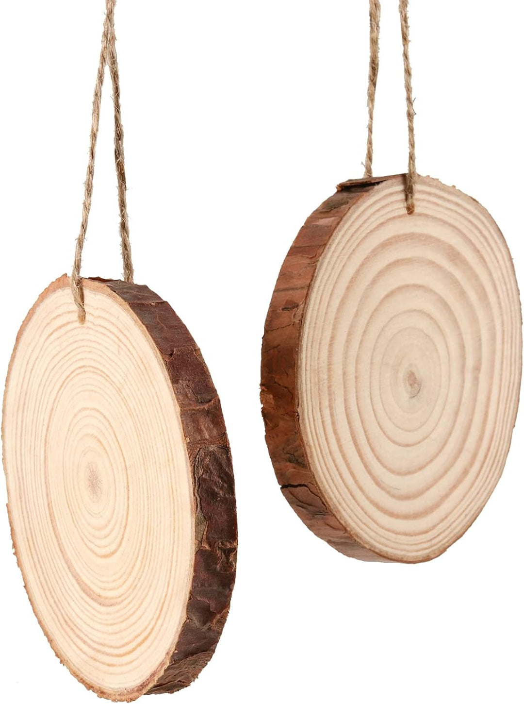50 Stück 10cm Holzscheiben mit Loch und Juteschnur, Baumscheiben Rund Klein, unlackierte Holzkreise