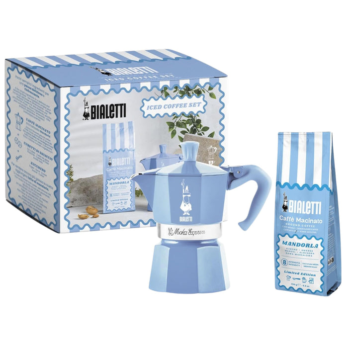 Bialetti Espressokocher Express aus Aluminium, 3 Tassen, türkis, mit gemahlenem Mandelkaffee, 250 g,