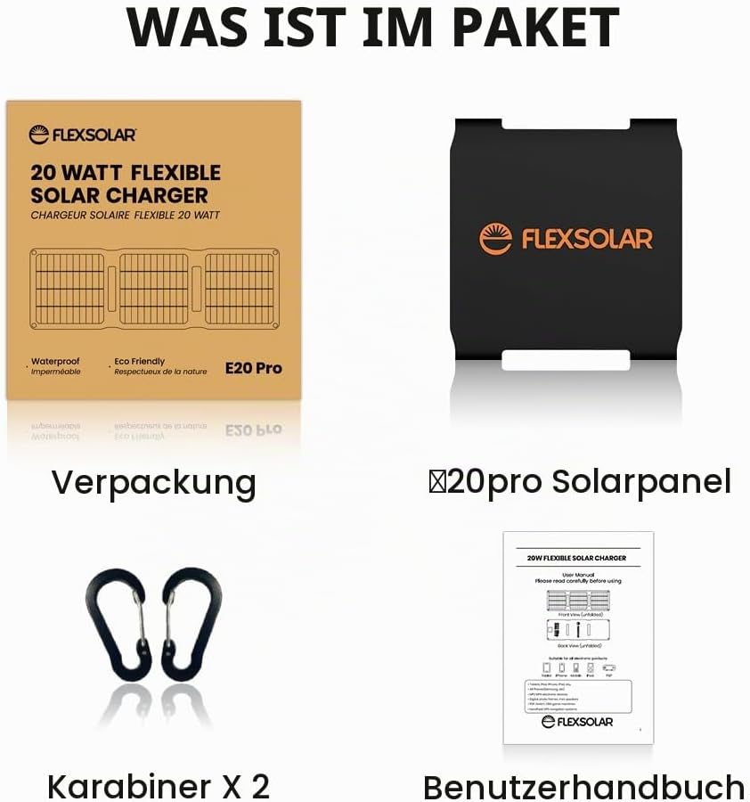 FlexSolar Solarmodul-Ladegerät, 20 W, 5 V, USB-A, USB-C-Ausgang, tragbar, faltbar, kleine Leistung,