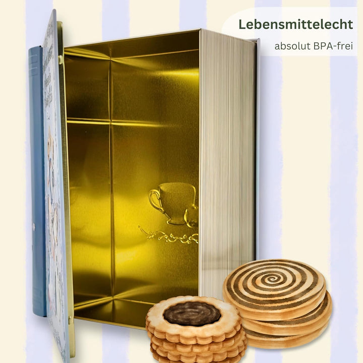Grosse Buchdose Tea Book Aufbewahrungsdose, Keksdose, Blechdose, aufwändig geprägt und bedruckt. Kek