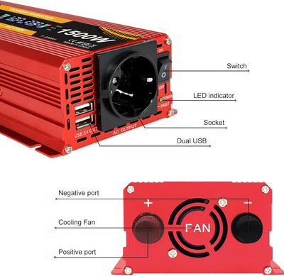 Spannungswandler 750 W/1500 W 12 V 220 V Konverter 12 V 230 V LCD 2 USB Spannungswandler 12 V 220 V,
