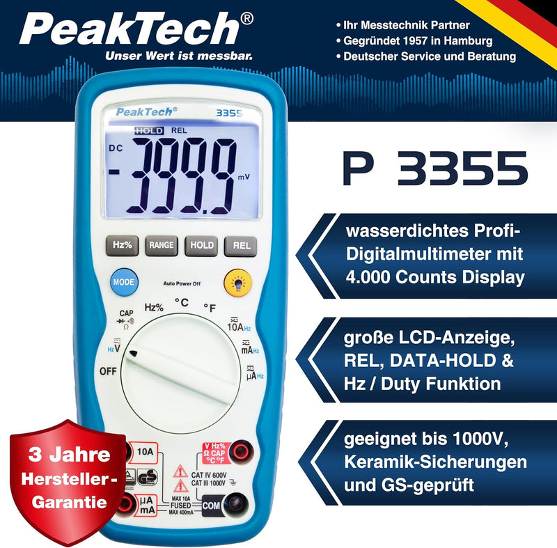 PeakTech 3355 - Digital Multimeter, Wasserdicht (IP67), LCD-Display, 4000 Counts, Handmultimeter, Au