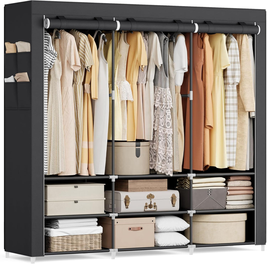 SONGMICS Stoffschrank, Kleiderschrank, 45 x 188 x 176 cm, 3 Hängefächer, mit Ablagen, 4 Seitentasche