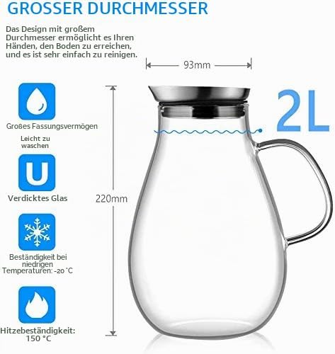 Ehugos Glaskaraffe Wasserkrug aus Borosilikatglas Wasserkaraffe mit Edelstahl Deckel Glaskrug (2L),