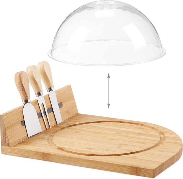 Relaxdays Käseglocke mit Bambus Käsebrett, Parmesanbrecher, Käsemesser, Käsegabel, magnetische Käsea