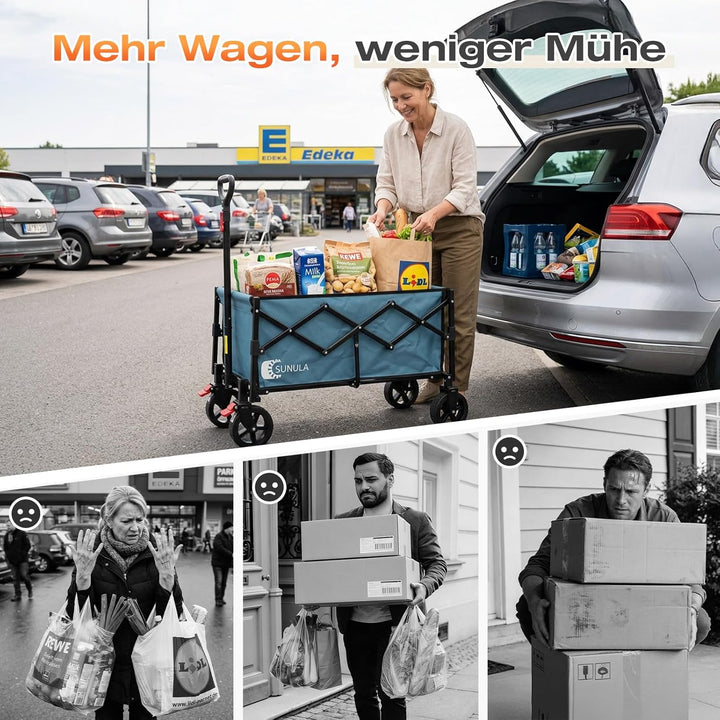 SUNULA Bollerwagen Faltbar Klein 80L 100KG, Faltbarer Handwagen, Klappbarer Faltbollerwagen mit Halb
