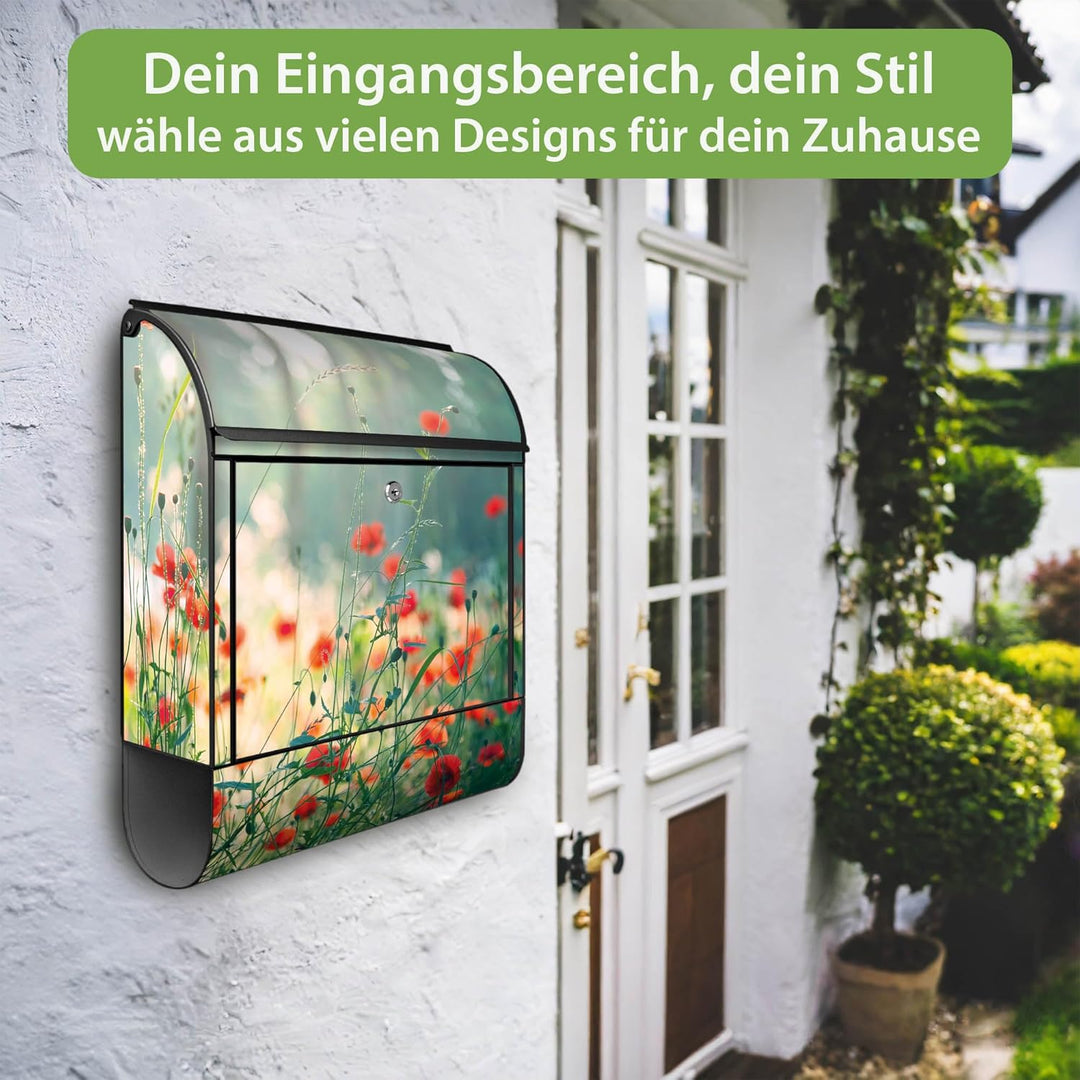 banjado® Design Briefkasten mit Motiv Waldmohn 39x47x14cm &amp; 2 Schlüssel - Briefkasten Stahl schwarz