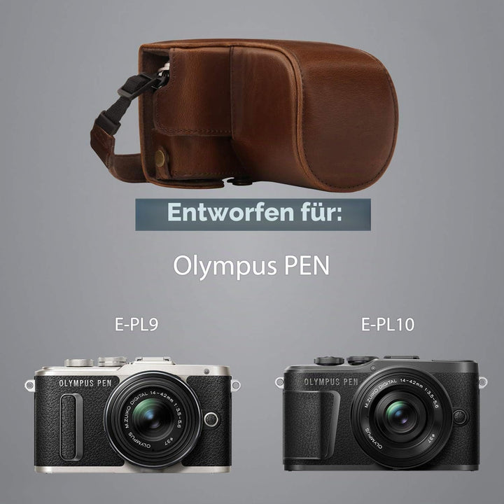 MegaGear MG1452 Olympus PEN E-PL9 (14-42mm) Ever Ready Leder Kamera-Case mit Trageriemen – Dunkelbra