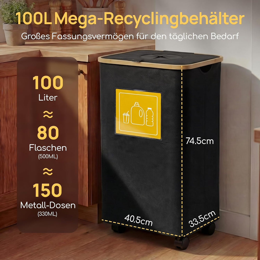 Viviendo 100L Pfandflaschen Sammelbehälter mit Deckel & Rollen, Faltbar, wasserdicht, 2 Innensäcke,