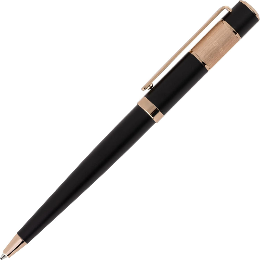 Hugo Boss Kugelschreiber Ribbon Vivid Black Schwarz Goldakzente Aluminium Messing, Länge: 13,8 cm, H