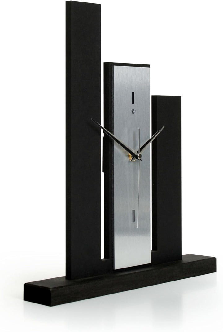 Kreative Feder Designer-Standuhr „Stairs“ aus Holz – Schwarze Tischuhr in modernem Metallic-Look ohn