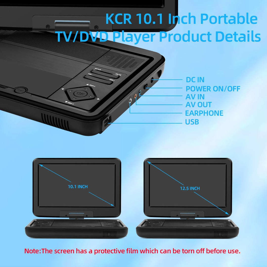 KCR Tragbarer DVD-Player, 25,7 cm (10,1 Zoll), eingebauter TV, DVB-T2 mit schwenkbarem LED-Bildschir