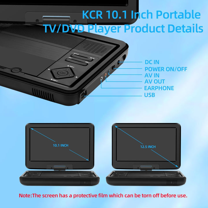 KCR Tragbarer DVD-Player, 25,7 cm (10,1 Zoll), eingebauter TV, DVB-T2 mit schwenkbarem LED-Bildschir