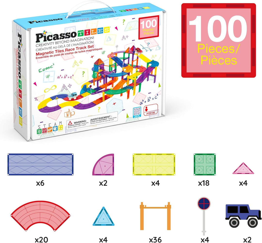 PicassoTiles 100 PCs Race Car Track Set Magnetic Toy Building Block with 2 LED Cars with Height Adju