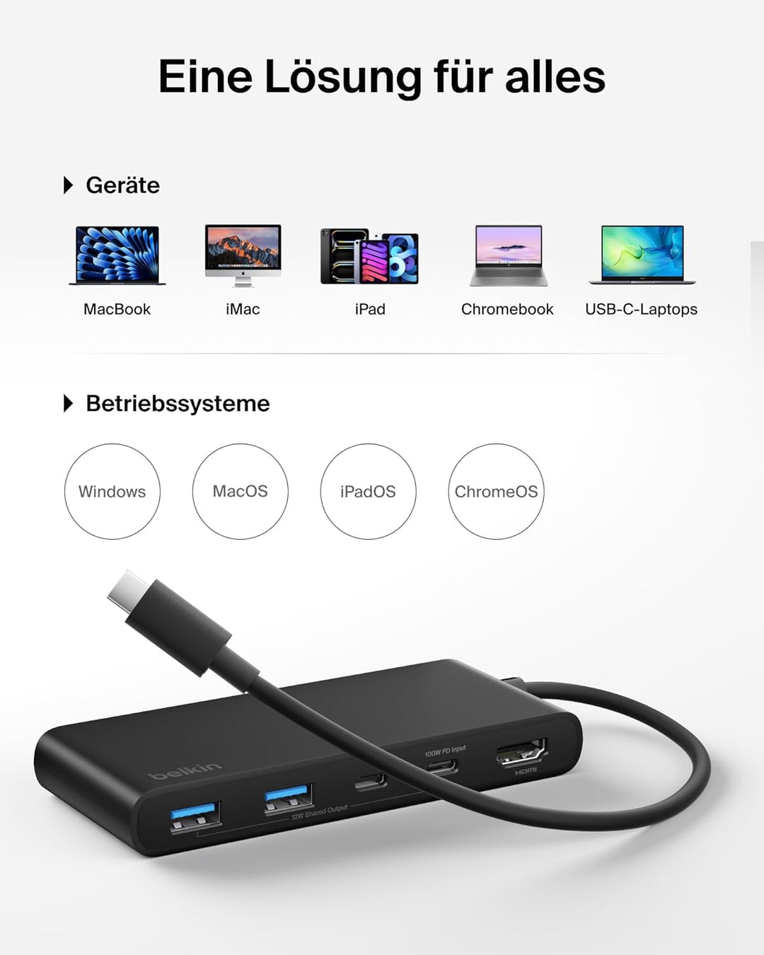 Belkin USB C Hub, 7-in-1 Docking Station, 4K bei 60 Hz, SD, MicroSD, 100 W Power Delivery, 5 Gbit/s