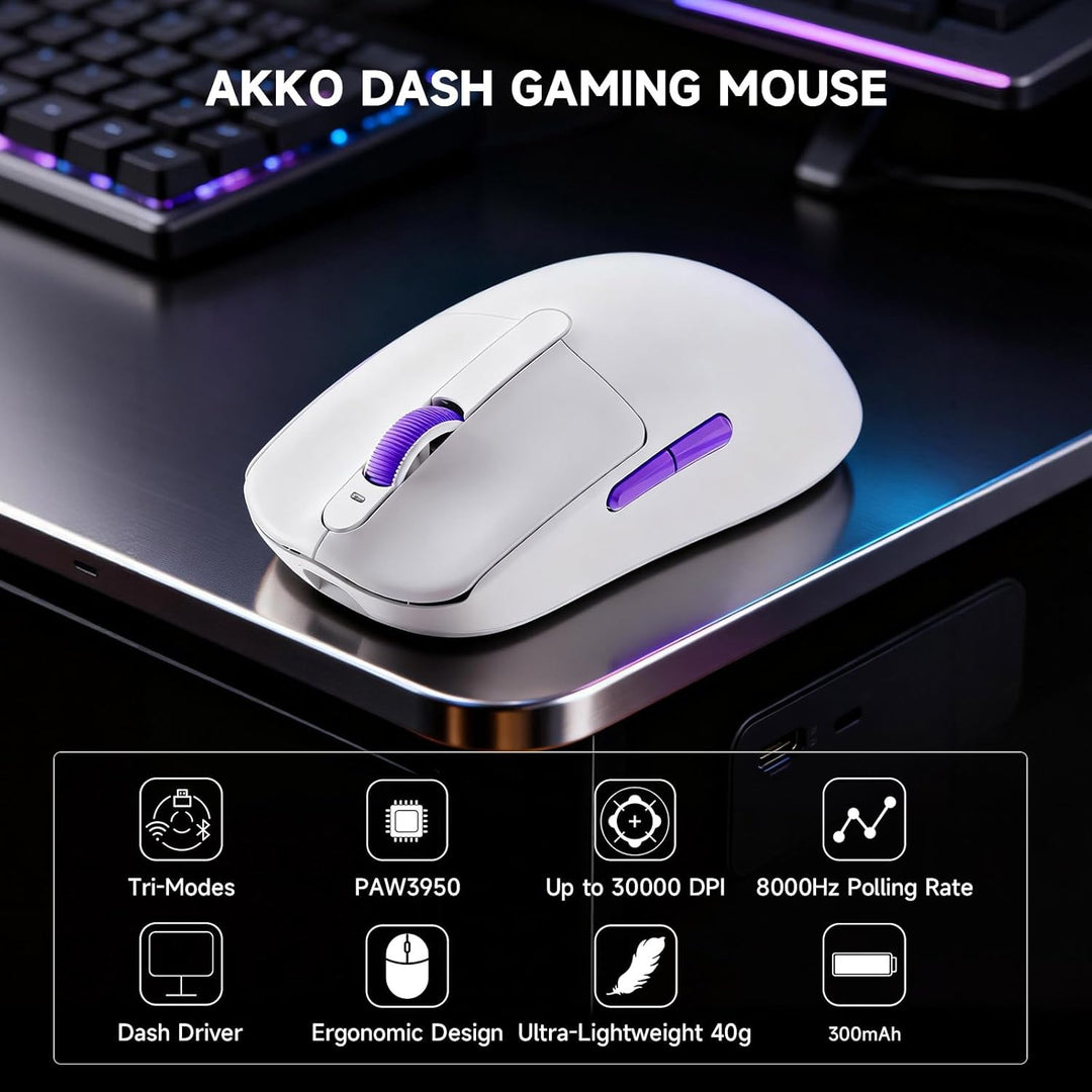 Akko Dash Ultra kabellose Gaming-Maus, 41 g ultraleichte Maus,PAW3950-Gaming-Sensor, BT/2,4-GHz-kabe