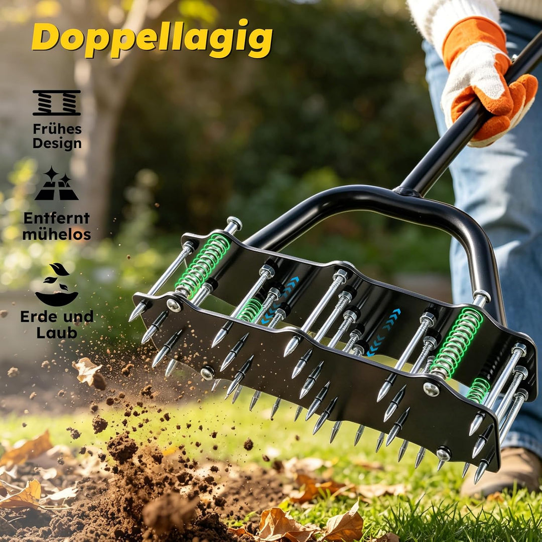 Rasenlüfter mit Feder – 17 scharfe Metallspitzen,T-Griff mit Polsterung – manueller Aerifizierer für