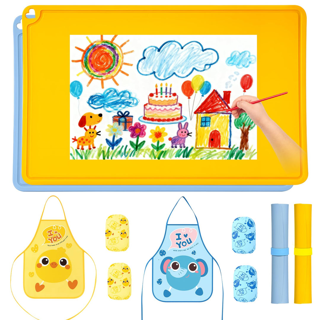 2 Stück Malunterlage für Kinder, Bastelunterlage Kinder 60x40 cm, Malmatte mit 2 Kinderschürze und 2