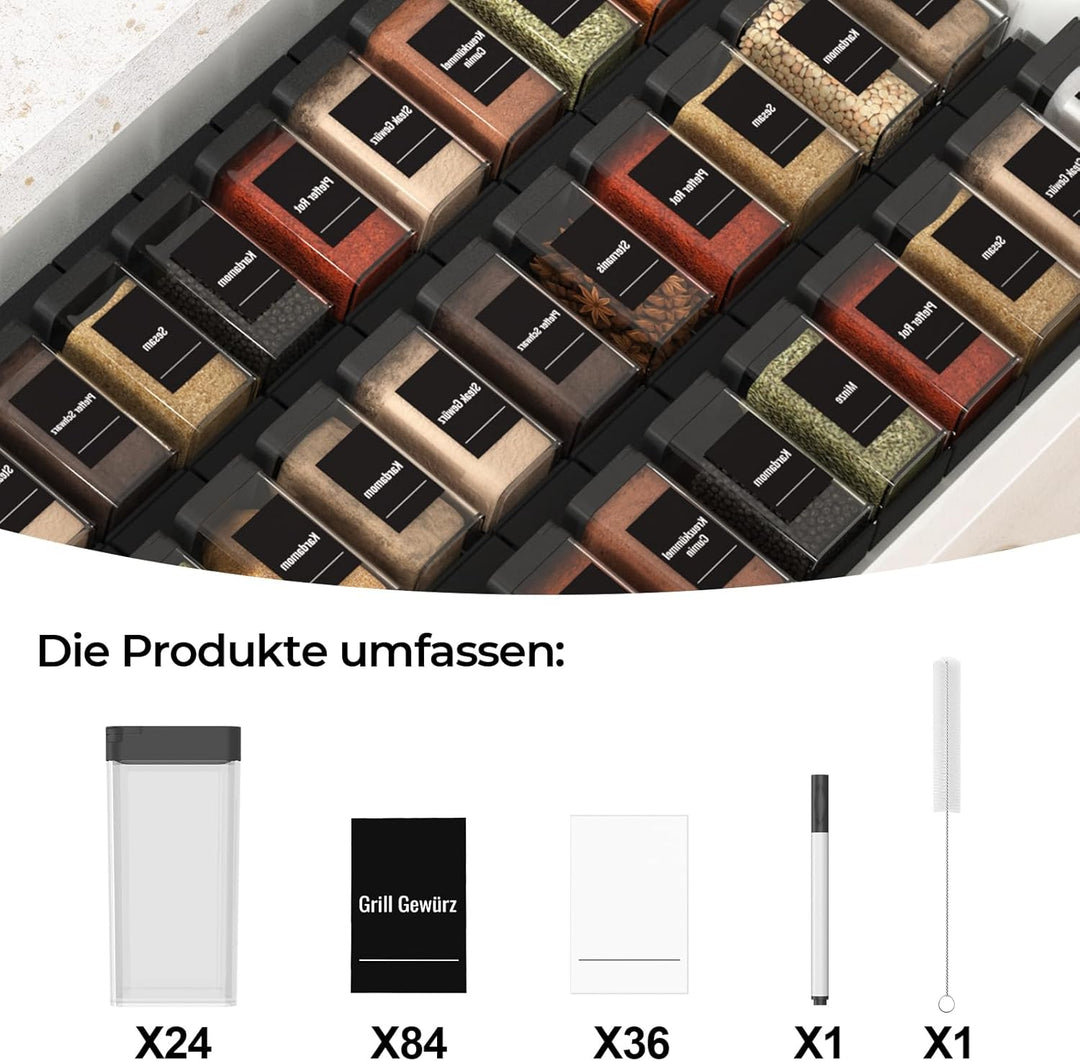 Gewürzgläser Eckig Set mit Deckel [24 x 120ml], Stabiler Plastik Gewürzstreuer Luftdichte, Gewürzdos