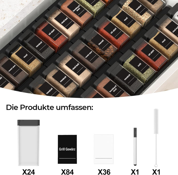Gewürzgläser Eckig Set mit Deckel [24 x 120ml], Stabiler Plastik Gewürzstreuer Luftdichte, Gewürzdos