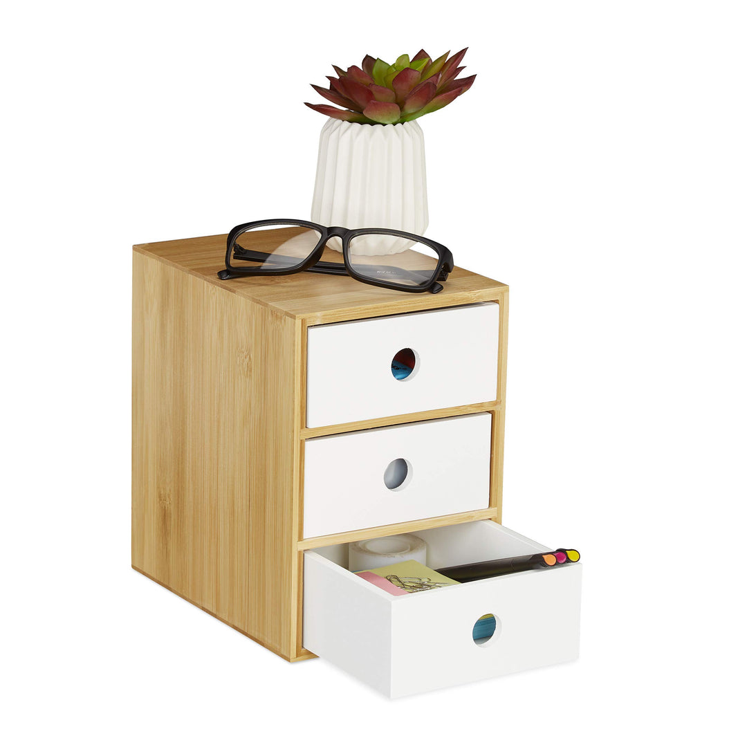 Relaxdays Schreibtisch Organizer, 3 Schubfächer, Bambus & MDF, Aufbewahrungsbox Büro, HxBxT: 21 x 14