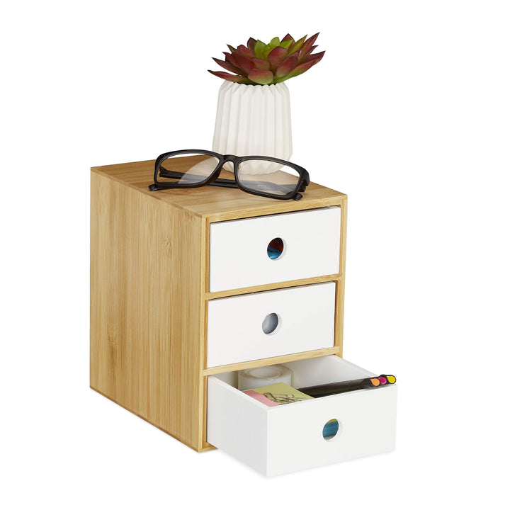 Relaxdays Schreibtisch Organizer, 3 Schubfächer, Bambus & MDF, Aufbewahrungsbox Büro, HxBxT: 21 x 14