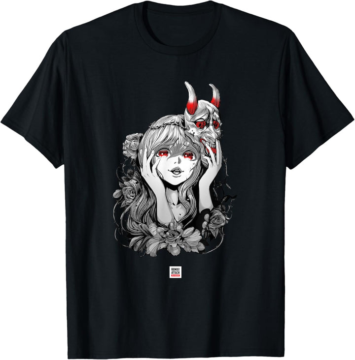 Kawaii Attack Tshirts Oni Yandere Kawaii Japanischer Anime T-Shirt für Mädchen, Schwarz, S